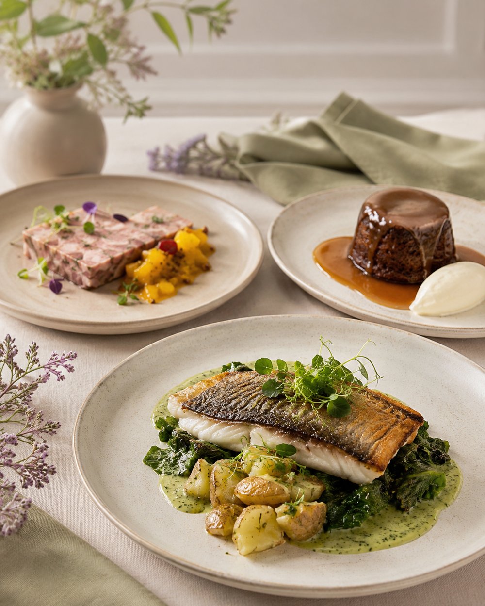 A trio of plated dishes
