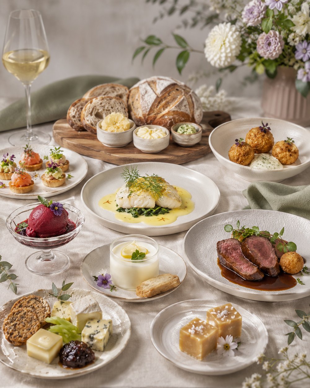 A full tasting menu laid out on a linen tablecloth